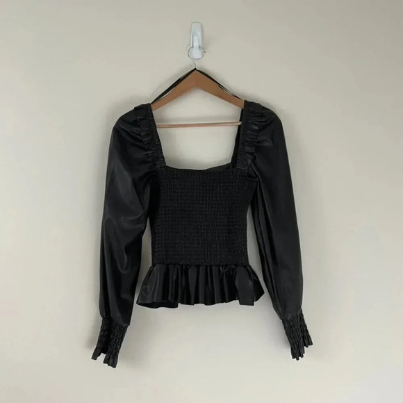 7 For All Mankind Black Faux Leather Smocked Peplum Top Size Small - Picture 2 of 6